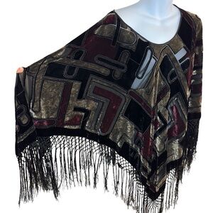 Vintage Poncho Shawl Scarf Velvet burnout Black Piano Fringed Kimono Geometric